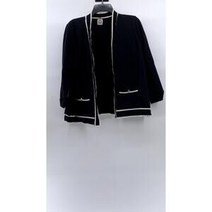 ANNE KLEIN Women's Black-White Malibu Open-Front Collarless Cardigan SZ M